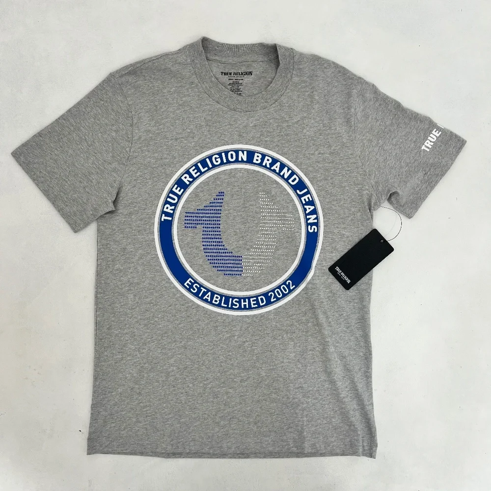 True Religion Mens M Strike HS SS T-shirt Heather Gray Rhinestone‎ Horseshoe NWT